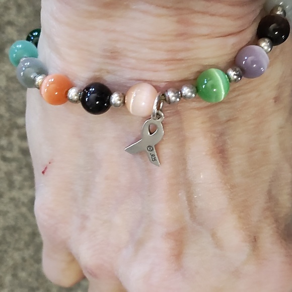 STERLING SILVER .925 CAT'S EYE/SOLID BEADED BREAST AWARENESS STRETCH BRACELET - Picture 2 of 8